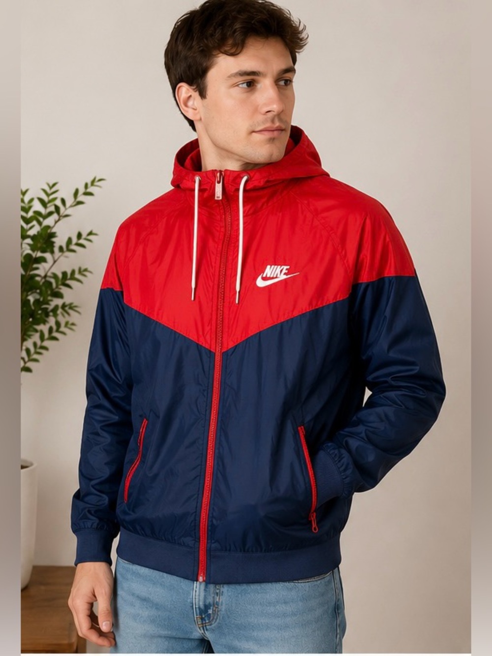Nike Windrunner Jacket Men’s Large Red Navy Full Zip Hooded Windbreaker